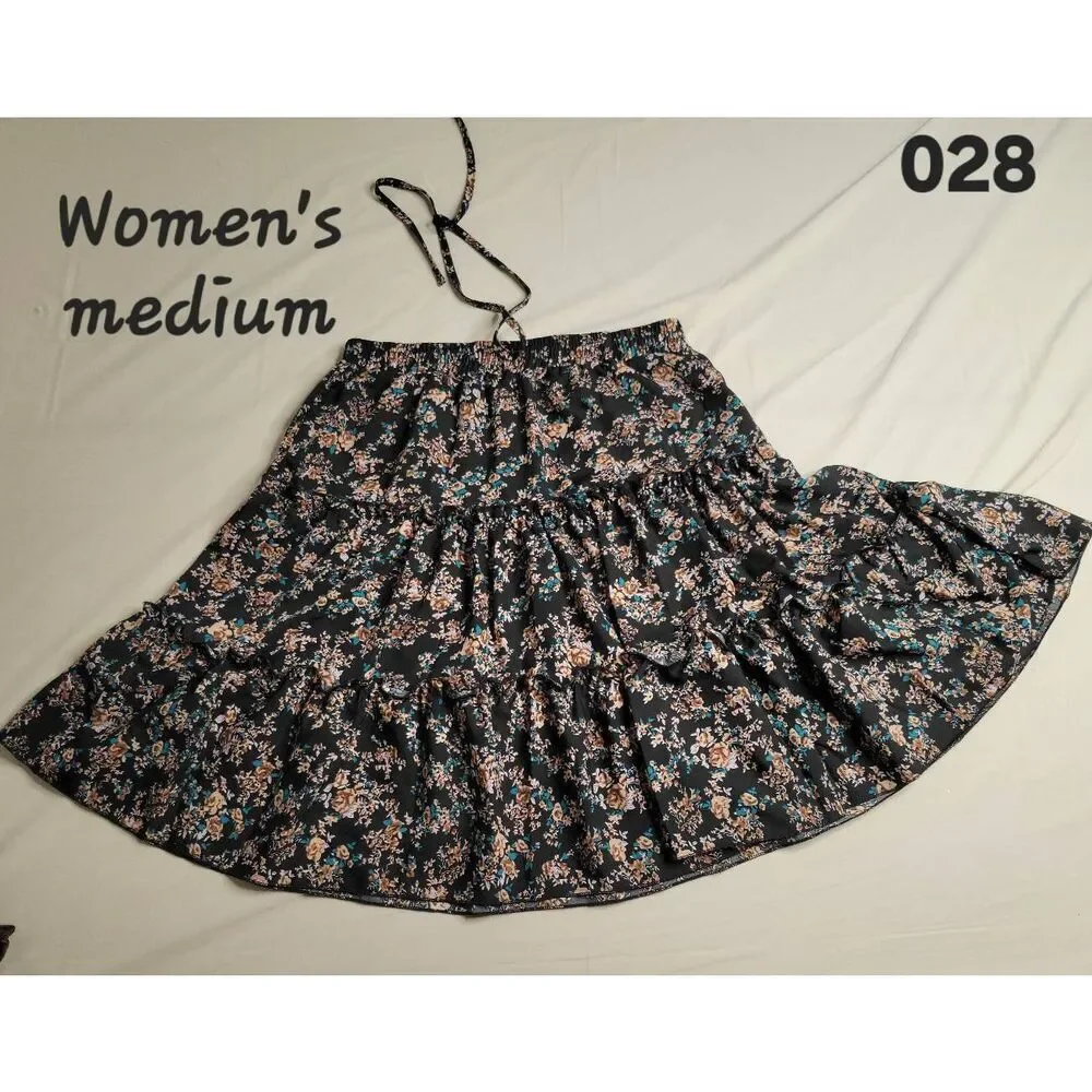 Boho cottage core floral country skirt flowers black gypsy medium women's clothi